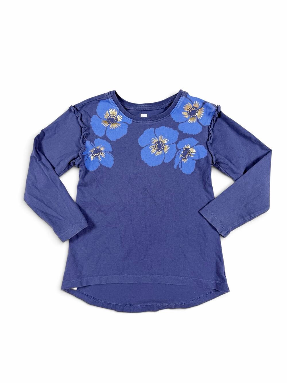Tea Collection Poppy Floral Ruffle Long Sleeve Shirt Blue Girls Size 3